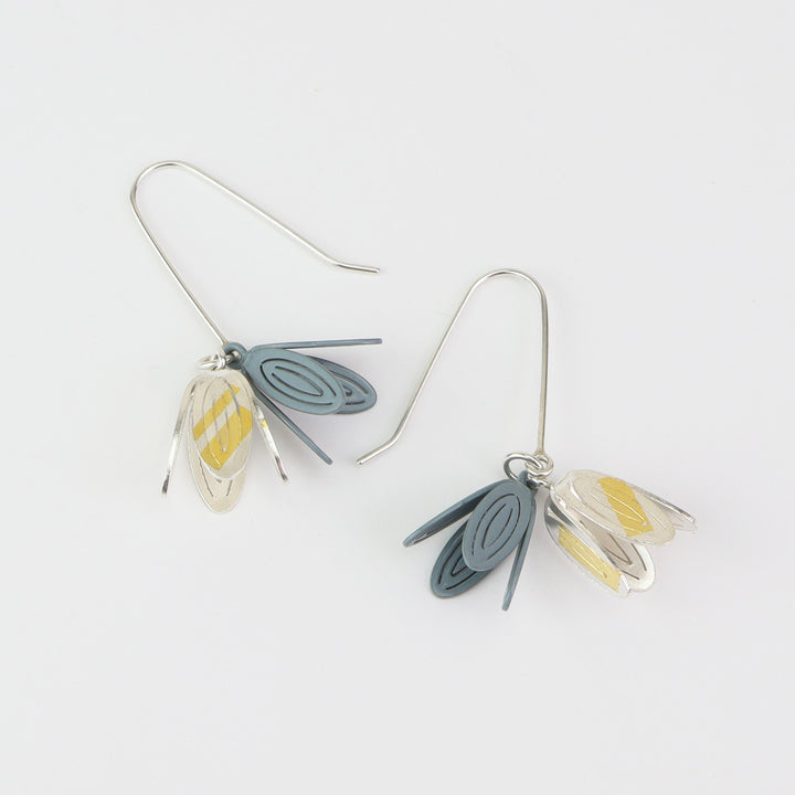 Petal Drop Earrings - Double, short  Light drop earrings in a variety of colours combining one sterling silver flower (hand cut) and one powder-coated brass flower (laser cut). Each form is hand folded. 