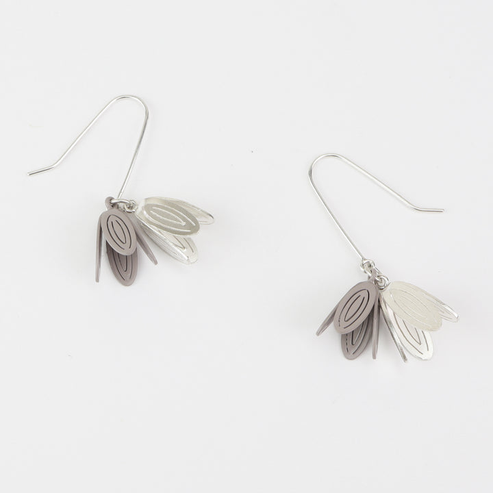 Petal Drop Earrings - Double, short  Light drop earrings in a variety of colours combining one sterling silver flower (hand cut) and one powder-coated brass flower (laser cut). Each form is hand folded. 