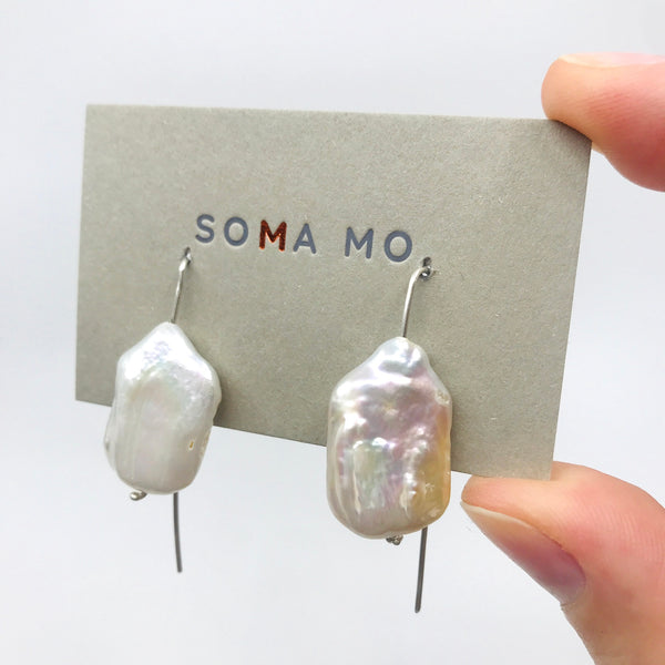 Long White Baroque Pearl Earrings by Soma Mo