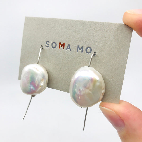 Coin-Shaped White Baroque Pearl Earrings by Soma Mo