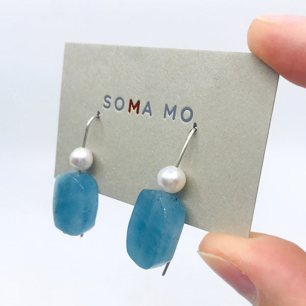 Medium Blue Aquamarine and Pearl Earrings by Soma Mo