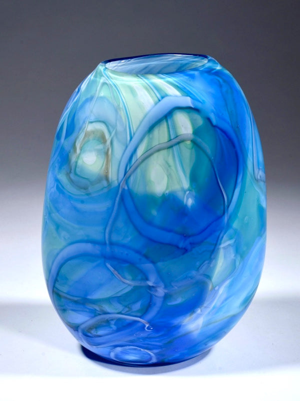 Large Blue Shard Vase. Blown glass with shard and cane drawings that are captured within the layers of the glass.