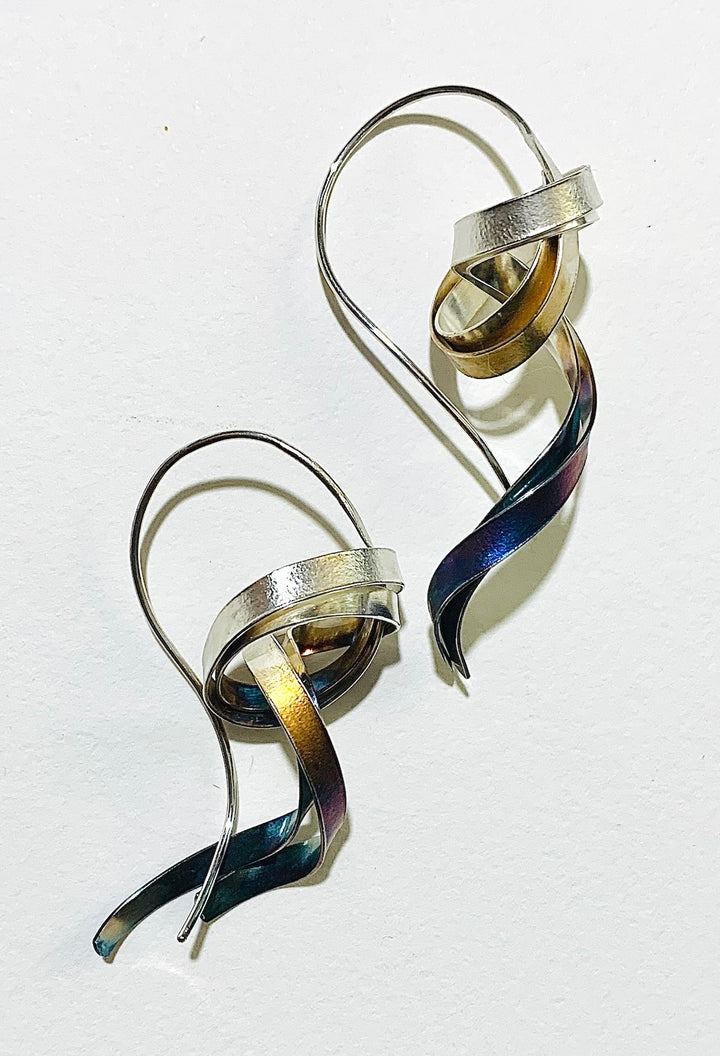 Kimono Obi Knot Earrings in Silver and Blue by Tomoe Akiba