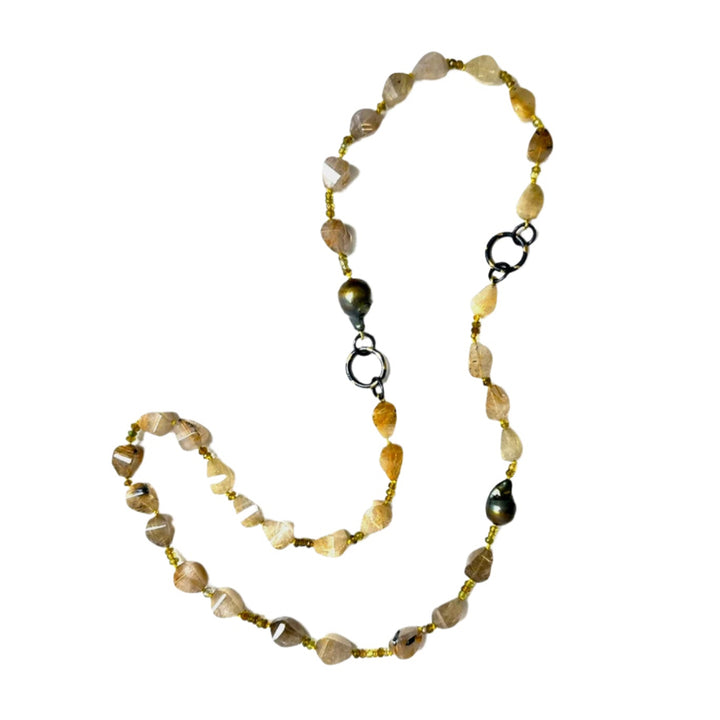 Long Green Pearl Necklace with Stones by Shelley Blair