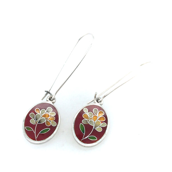 Red Oval Enamel Earrings with Flowers by Gayane Avetisyan