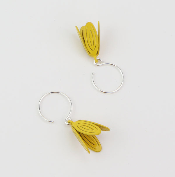 Petal Drop Earrings - Single  Light laser-cut and hand-folded floral earrings in a variety of bright colours. Sterling silver and powder-coated brass.  3.5x1x1cm, 2023