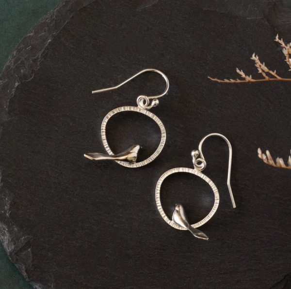 Bird in a Textured Circle Dangle Earrings by Zohre Khodarapast