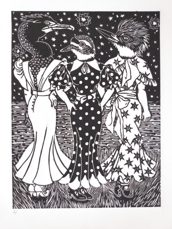 Summer Soirée, Hand Coloured Linocut Print by Stephanie Hill