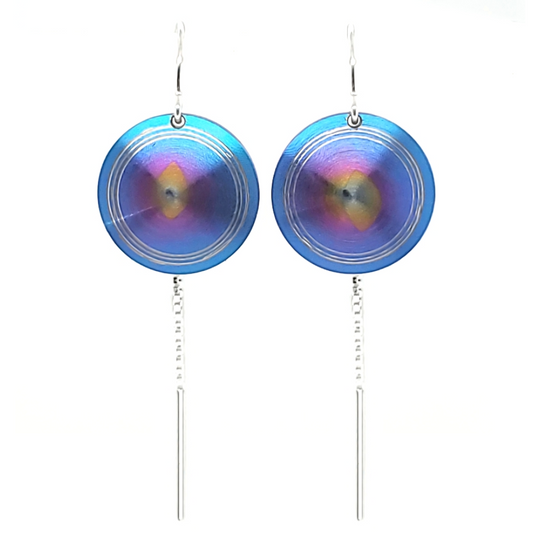 Chroma - Lathed, multi-colour titanium drop earrings. Each disc is 15 mm in diameter, light and delicately floating.