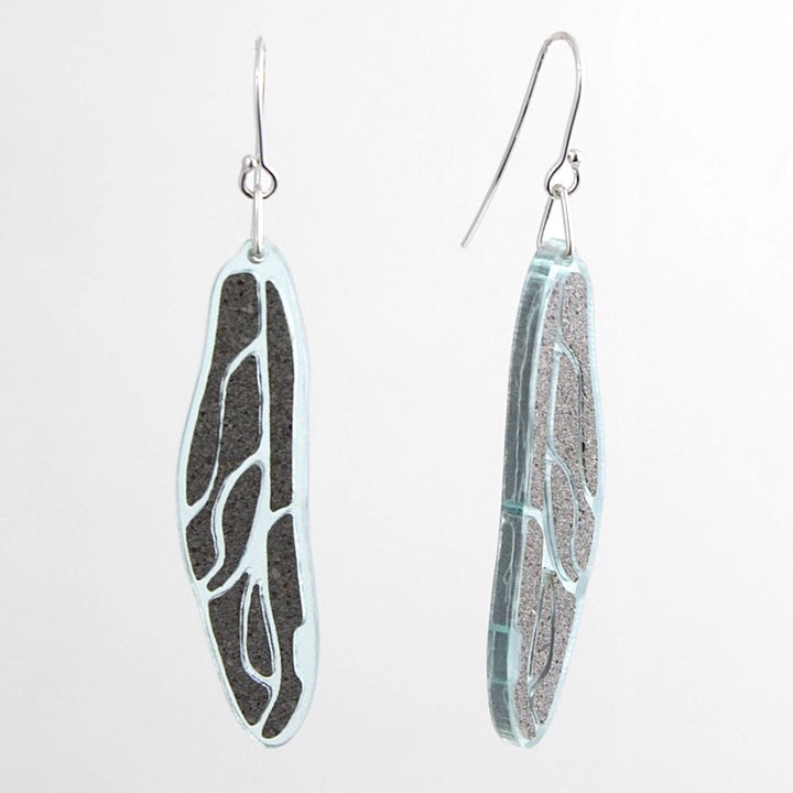 Dragonfly Wing Earrings.  Drop earrings with glassy acrylic and a concrete inlay.