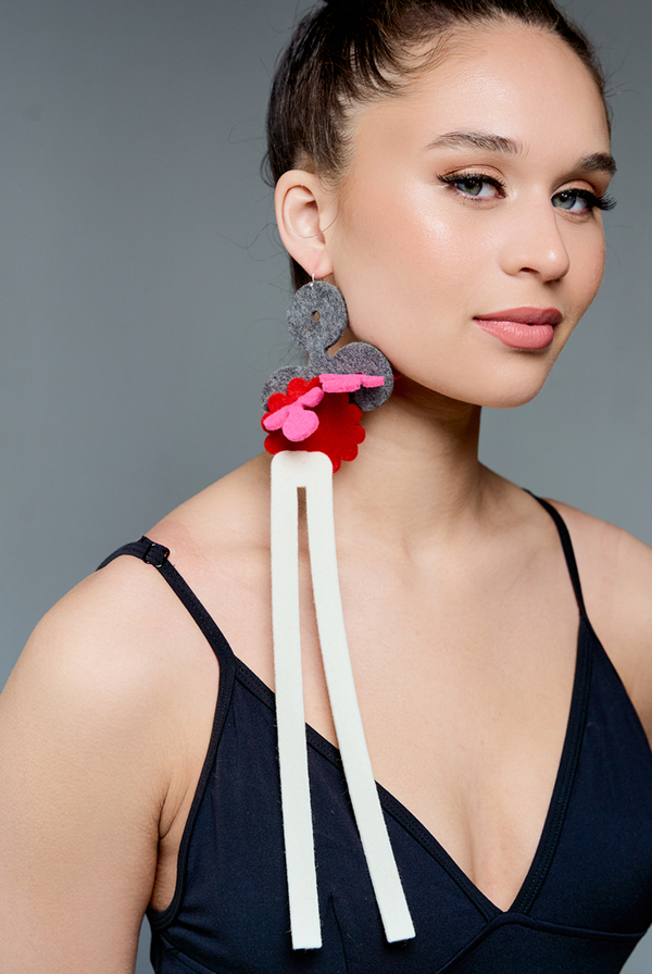 Single Long Earring in White, Red and Grey by Kolye TJN