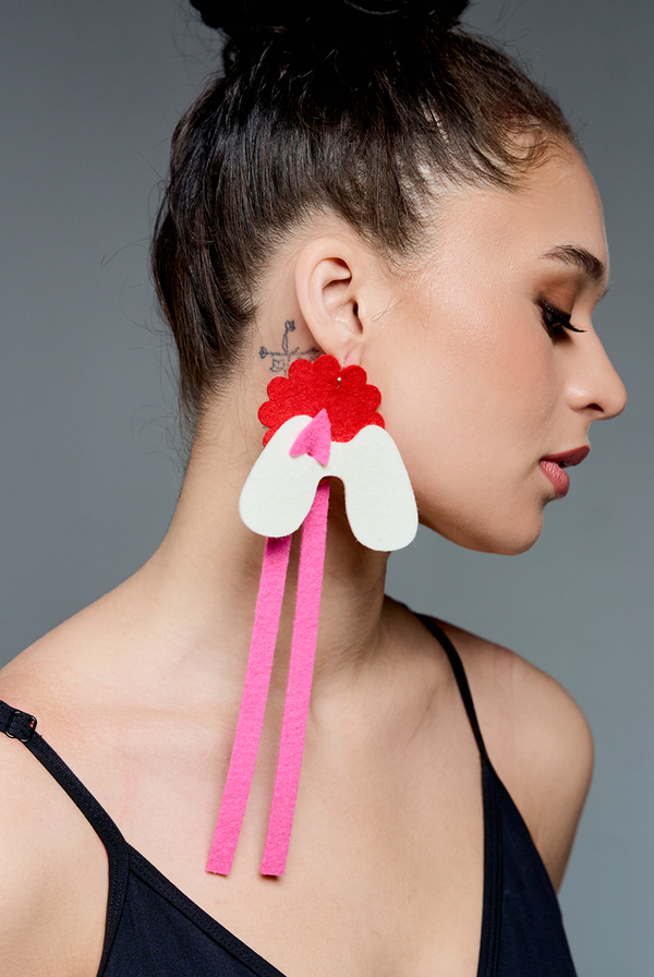 Single Long Earring in Pink, Red and White by Kolye TJN