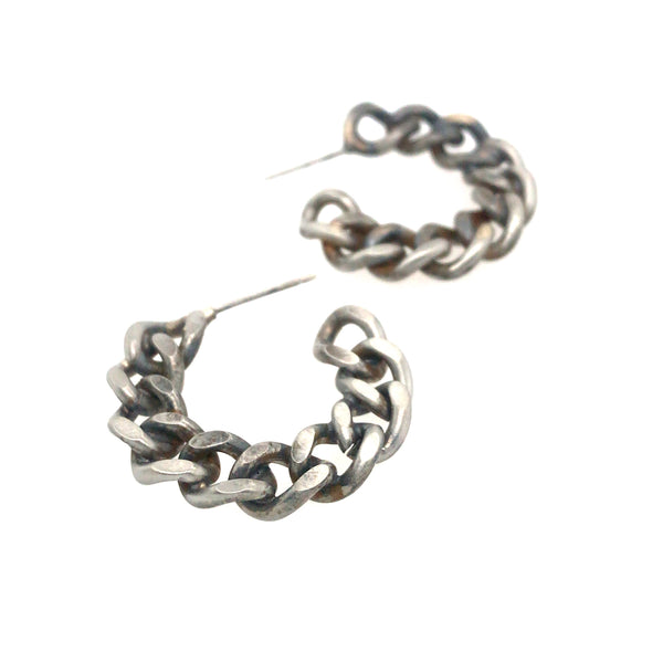 Matte oxidized stud earrings are transformed salvaged chains hand-fabricated into hoops. Steel posts.