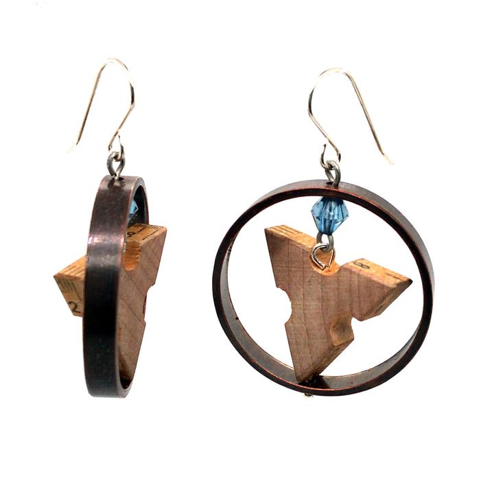Made to Measure earrings. Round drop earrings combining vintage boxwood ruler, vintage beads, copper tube, and sterling silver hooks. 