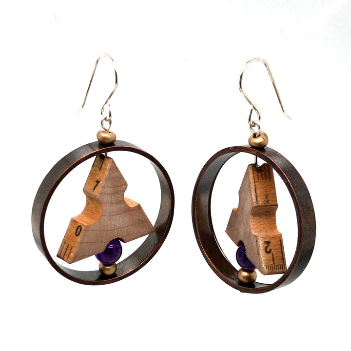 Made to Measure earrings. Round drop earrings combining vintage boxwood ruler, vintage beads, copper tube, and sterling silver hooks. 