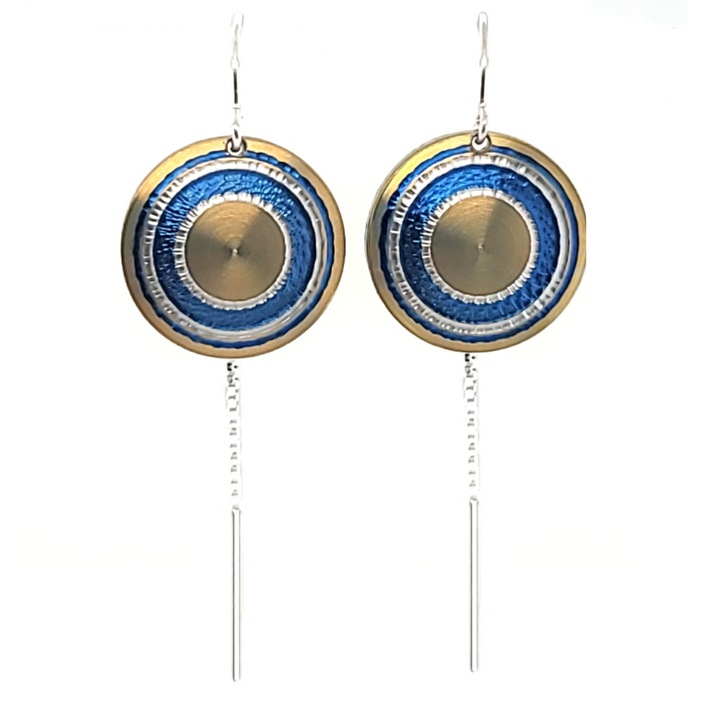 Chroma - Lathed, multi-colour titanium drop earrings. Each disc is 15 mm in diameter, light and delicately floating.