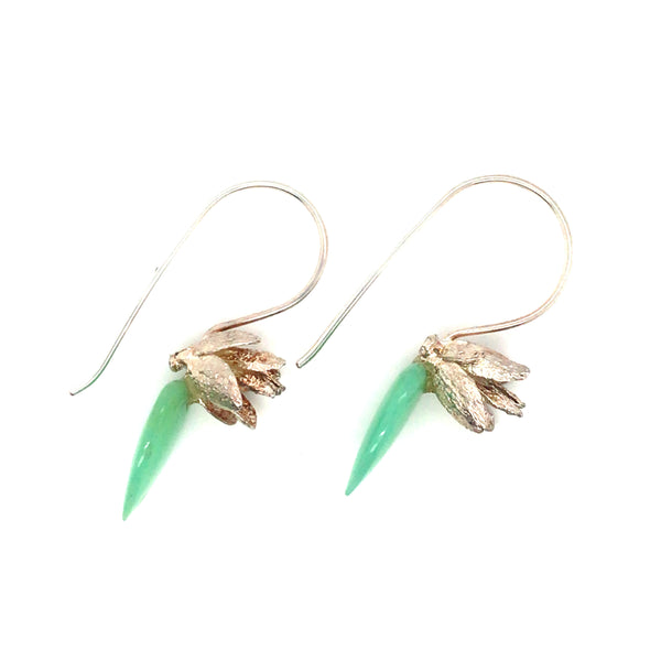 Sterling silver earrings with chrysoprase drops.