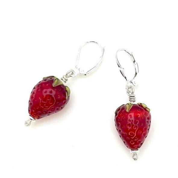 Flame-worked glass strawberry drop earrings.