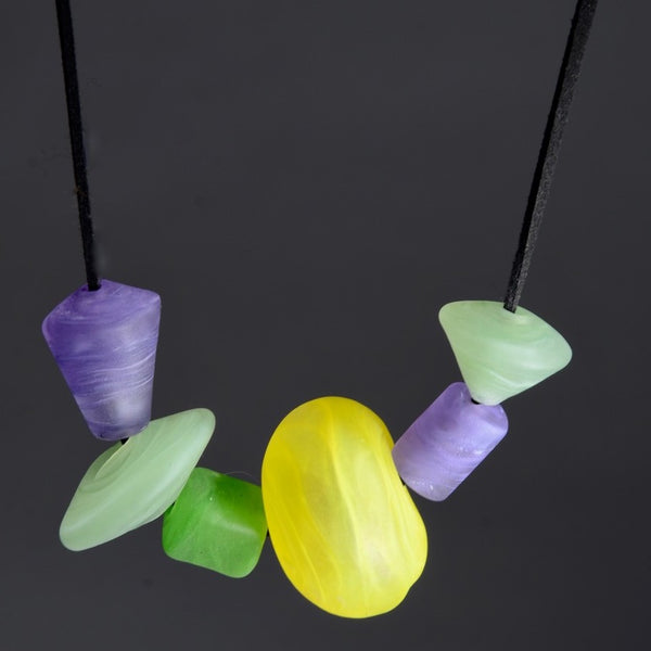 Asymmetric Glass Bead Necklace in Yellow, Purple, and Green by Susan Rankin