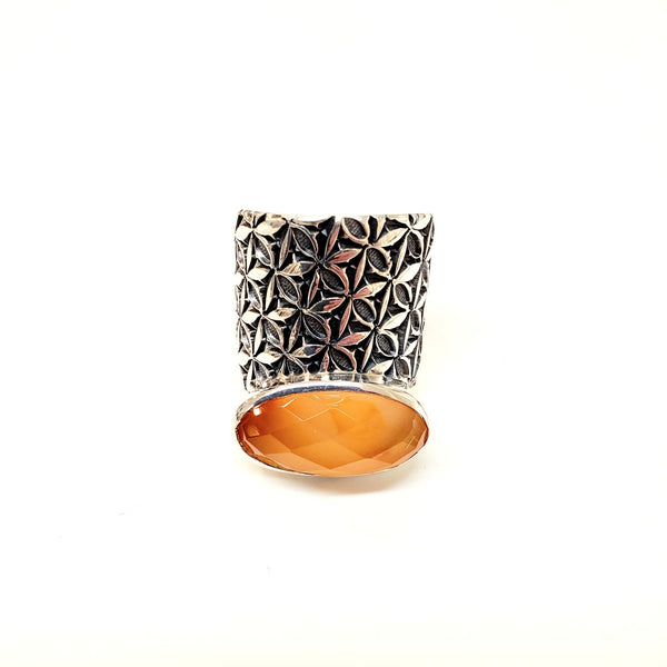 Wide Band Handstamped Silver Ring with Oval Carnelian by Matthieu Cheminee