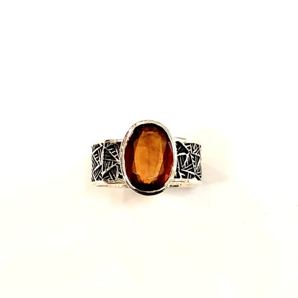 Handstamped Silver Ring with Faceted Oval Carnelian by Matthieu Cheminee