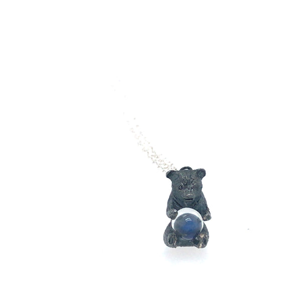 Black Bear Hugs Moonstone Silver Pendant by Melody Juthamongkol