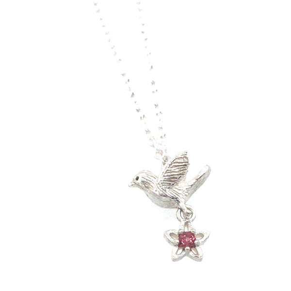 Bird Carrying Tourmaline Flower Silver Pendant by Melody Juthamongkol