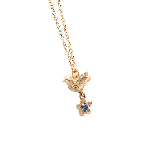 14K Gold Bird Carrying Blue Sapphire Flower Silver Pendant by Melody Juthamongkol
