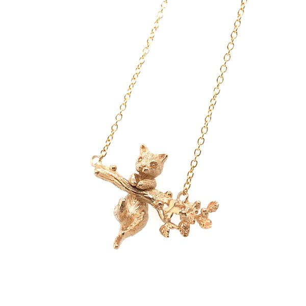 14K Gold Cat on a Branch Pendant by Melody Juthamongkol