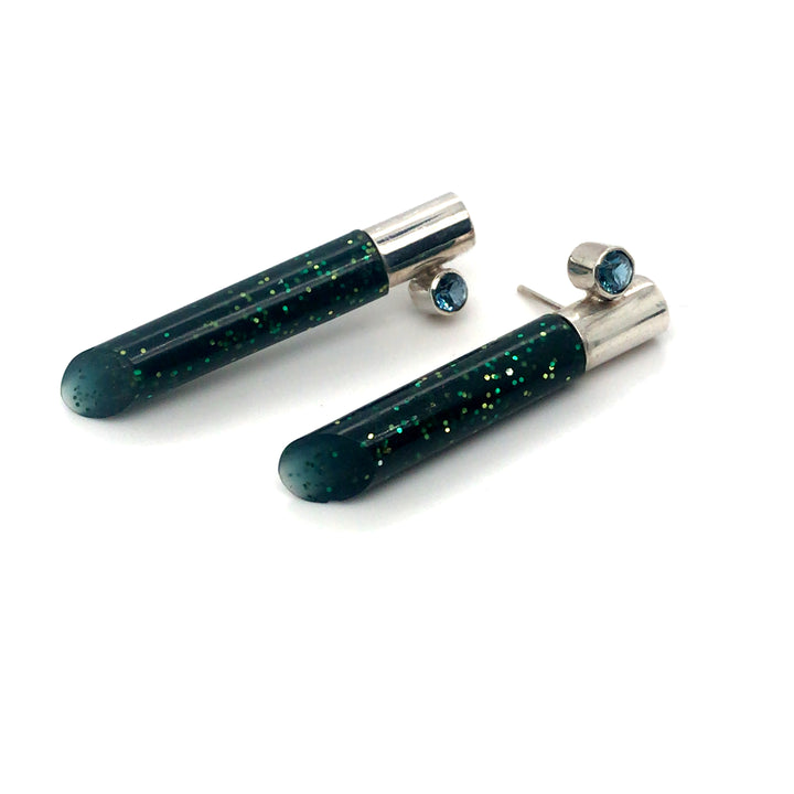 Green Blue cubic zirconia earrings from the Pistol Plastic series made with resin, glitter and silver.