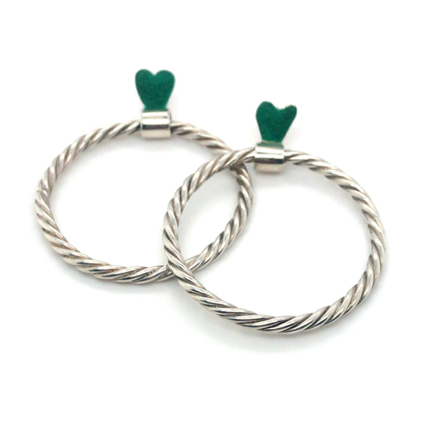 Flocked green heart hoop earrings. 