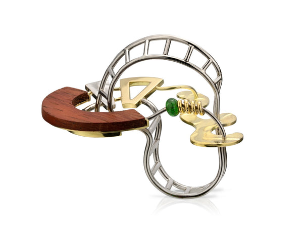 Multicolored ring with wooden, gold, silver, and green elements