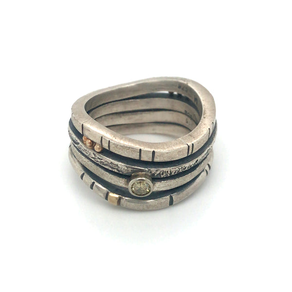 Stacked Ring - sterling silver band with 14k gold detail and embellished with a 11pt champaign diamond.