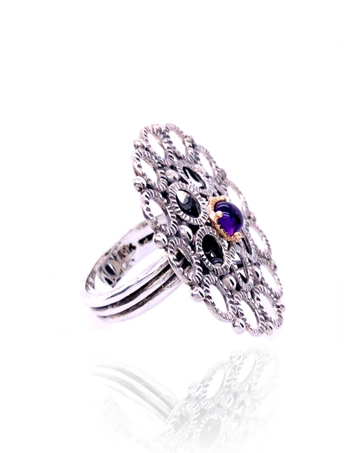 Medieval Lace Ring  Amethyst, 14K yellow gold and sterling silver 