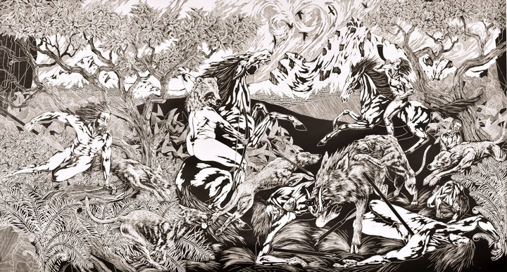 The Calydonian Boar Hunt, 2020, 1 of 5 of The Allegory of Atalanta Series.  Edition of 3, 48 x 88 inches.   This 12-panel woodcut is printed on tiled sheets of kozuke washi paper.  It is ingeniously engineered to line up seamlessly despite it's enormous size. Printed on the artist's ingenious printing press (made of a car jack, melamine and oak). Created for her upcoming solo exhibition Untold Stories I once Wished Lost at the Karsh-Masson Gallery (re-scheduled for 2021).