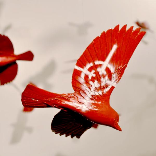 Squadron, individual flying sparrow sculptures in cast bronze with acrylic paint. Suitable for indoors or outdoors; 9" x 6" x 1.5"