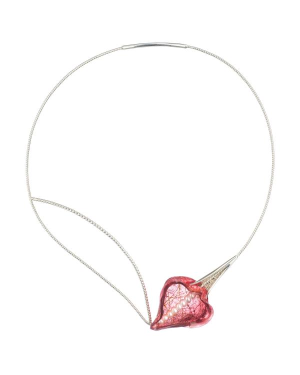 The Inflection neckpiece is made with sterling silver, dyed resin, freshwater pearls, and thread. This piece is part of the Resonance collection, a language-inspired interplay of light and colour between lustrous surfaces and vibrant transparency.  One-of-a-kind  19H x 15W x 2D cm