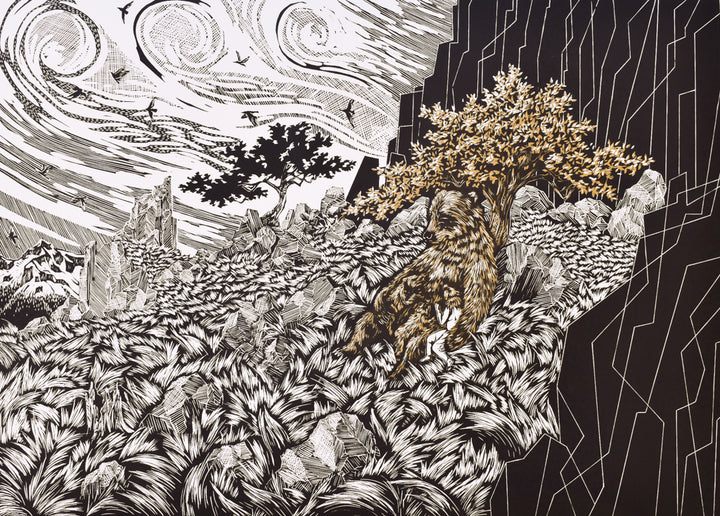 An Untamed Bond, Part 2 of 5 of The Allegory of Atalanta, linocut, 2020.  Edition of 6, printed on Arnhem 1618, 16 x 22 inches.  When Atalanta was born, her father had hoped for a boy and so he left her on a mountainside to die of exposure as was the practice with unwanted girls or disabled children. Artemis, in the form of a shebear, found her and suckled her. She was raised as one of Artemis’ huntresses.