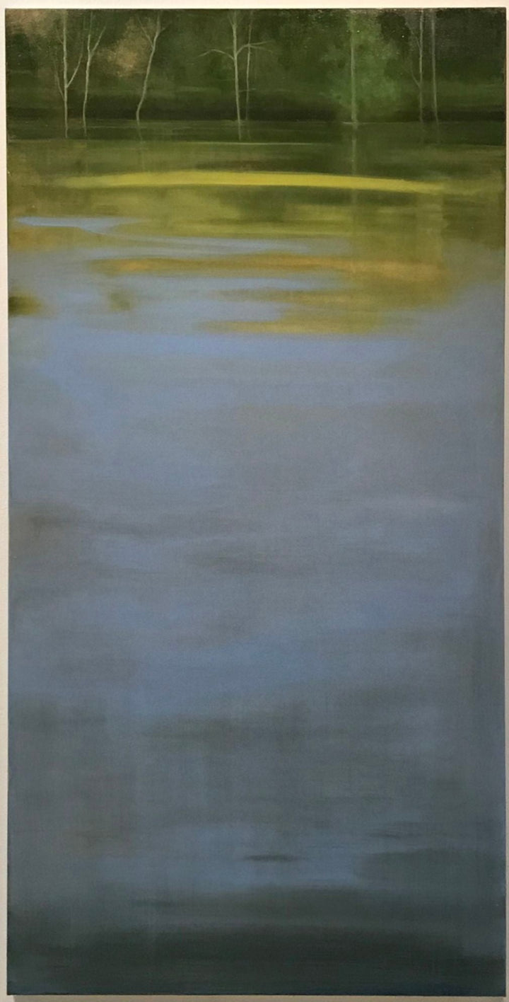 Bleu d'Or, or Blue Gold is a moment captured in a morning glimpse of the expanse of river in front of the artist's home studio. An  ﻿oil on canvas, 48 h x 24"w.