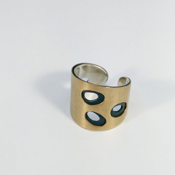 Ava ring. Hand-formed and finished 14k gold, with patinated sterling silver (sweat  soldered and pierced). Size 8 1/4.