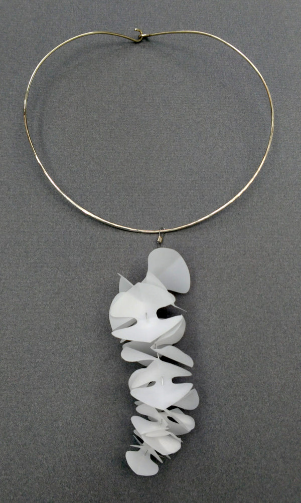 Panicle neckpiece, 2020. Mylar, hand-formed and forged sterling silver wire, and stainless steel cable.