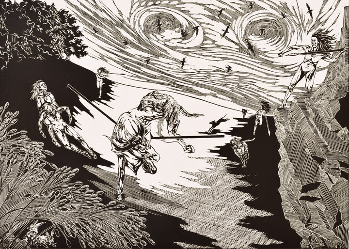 Europe and Zeus, linocut, 16 x 22 inches. Edition of 4, printed on Arnhem 1618 paper.  Printed on the artist's ingenious hand-made printing press (made of a re-purposed car jack, melamine and oak). Created for her upcoming solo exhibition Untold Stories I once Wished Lost at the Karsh-Masson Gallery (re-scheduled for 2021).