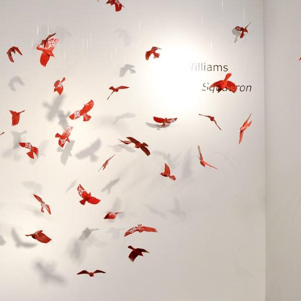 Squadron, individual flying sparrow sculptures in cast bronze with acrylic paint. Suitable for indoors or outdoors; 9" x 6" x 1.5"