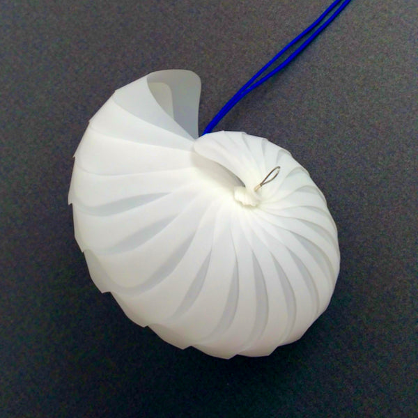 Small Smooth Nautilus pendant, 2021. Mylar, stainless steel cable, sterling silver, and nylon cord.