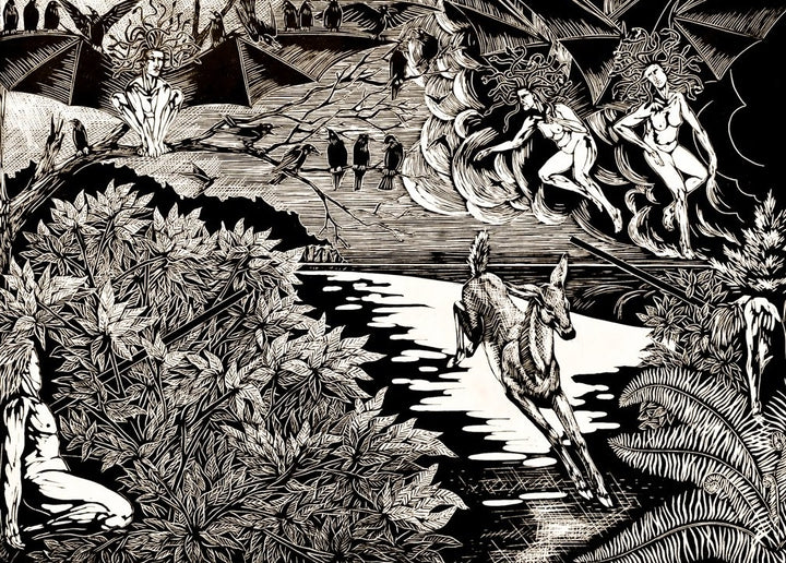 Otus and Ephialtes, 2019. Linocut 16 x 22 in, edition of 4, printed on Arnhem 1618. Excerpt “Otus and Ephialtes” by Anna Williams