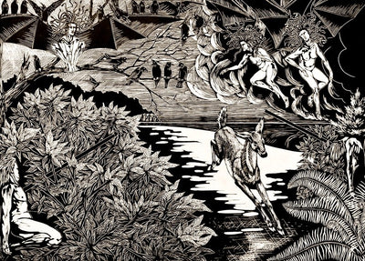 Otus and Ephialtes, 2019. Linocut 16 x 22 in, edition of 4, printed on Arnhem 1618. Excerpt “Otus and Ephialtes” by Anna Williams