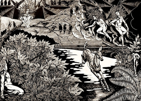 Otus and Ephialtes, 2019. Linocut 16 x 22 in, edition of 4, printed on Arnhem 1618. Excerpt “Otus and Ephialtes” by Anna Williams