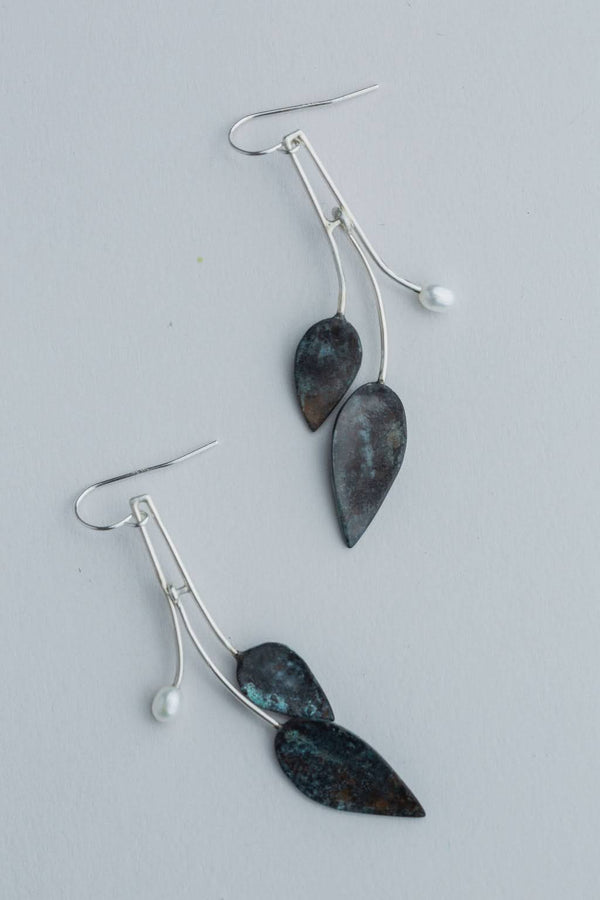 “Leaf Line” Earrings - Patinated copper earrings with a freshwater pearl and sterling silver.