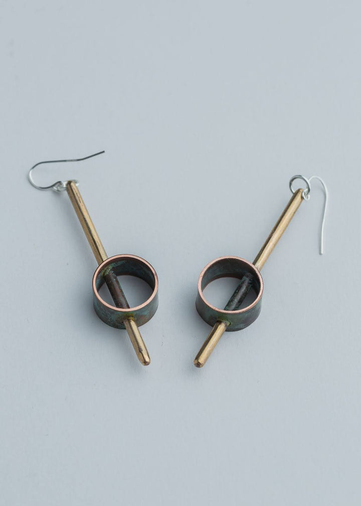 “Industrial Line” Earrings - Brass and patinated copper earrings with sterling silver.