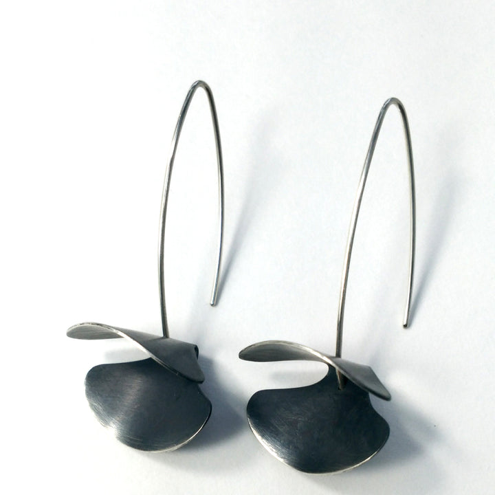 Grey/Silver rimmed Large Single Bloom earrings, 2023. Hand cut, formed, and patinated sterling silver earrings.